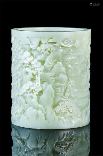 CHINESE CELADON JADE MEN IN MOUNTAIN BRUSH POT