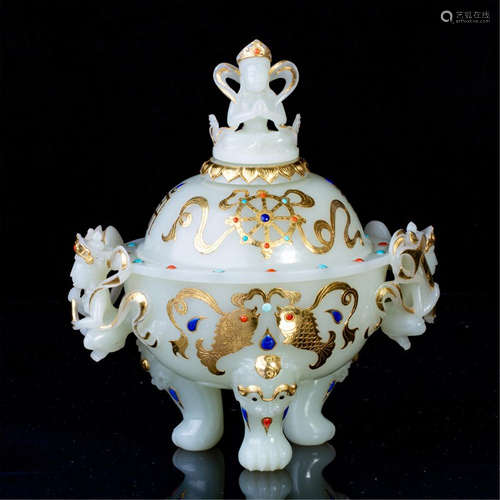 CHINESE GEM STONE INLAID TRIPLE FEET LIDDED CENSER