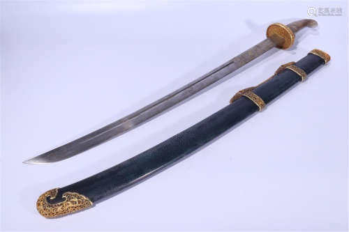 CHINESE SWORD WITH SUGAR JADE HANDLE AND LEATHER SHEALTH