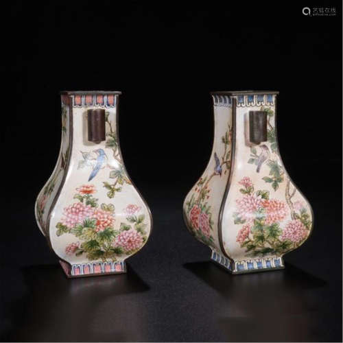 PAIR OF CHINESE ENAMEL BIRD AND FLOWER SQUARE VASES