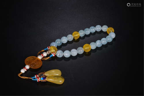 CHINESE AQUAMALINE BEAD BUDDHIST BRACELET