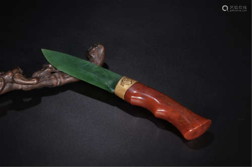 CHINESE SPINACH JADE KNIFE WITH CORAL HANDLE