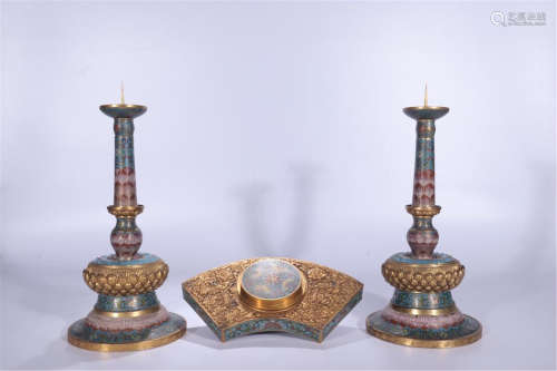 CHINESE CLOISONNE CANDLE HOLDER AND PAPER WEIGHT