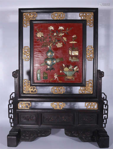 CHINESE GEM STONE INLAID LACQUER PLAQUE ROSEWOOD FLOOR SCREEN