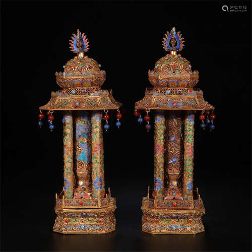 PAIR OF CINESE ENAMEL GILT SILVER INCENSE CAGES