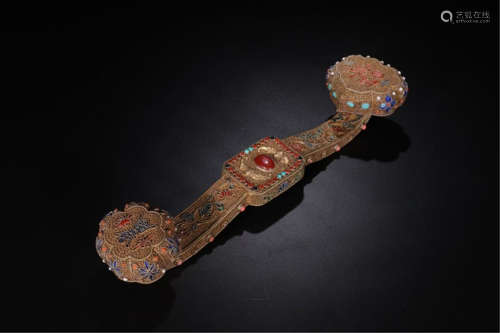 CHINESE ENAMEL GILT SILVER RUYI SCEPTER