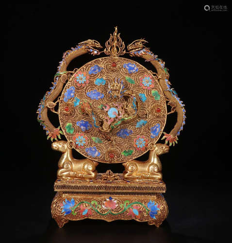 CHINESE ENAMEL GILT SILVER DRAGON TABLE SCREEN