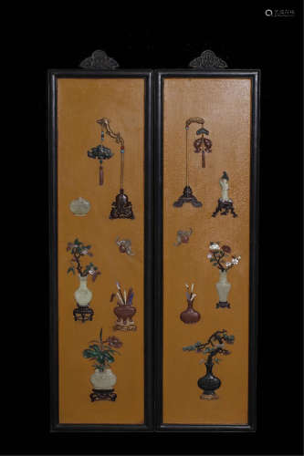 FOUR PANELS OF CHINESE GEM STONE INLAID ROSEWOOD WALL HANGED SCREENS