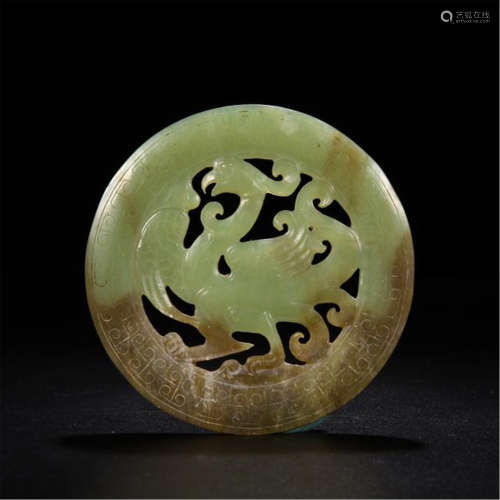 CHINESE SPINACH JADE BEAST ROUND PLAQUE