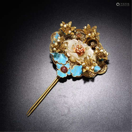 CHINESE PEARL INLAID ENAMEL GILT SILVER HAIR PIN