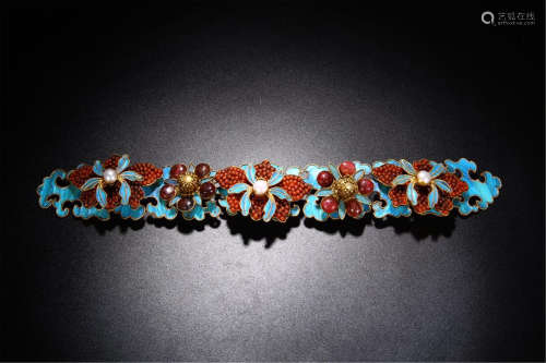 CHINESE GEM STONE INLAID GILT SILVER KINGFISHER FEATHER HAIR PIN