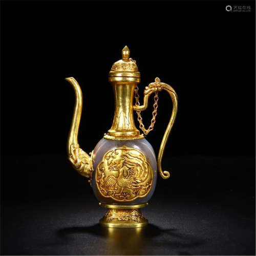 CHINESE GILT BRONZE AGATE KETTLE