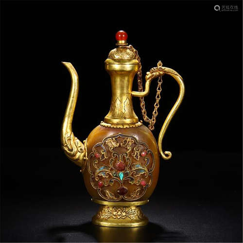 CHINESE GILT BRONZE AGATE KETTLE