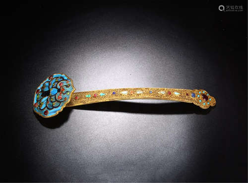 CHINESE GILT BRONZE GEM STONE INLAID KINGFISHER FEATHER RUYI SCEPTER