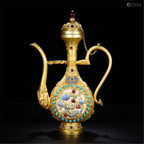 CHINESE GEM STONE INLAID GILT BRONZE KETTLE