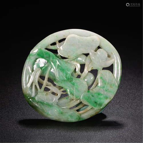 CHINESE JADEITE LOTUS ROUND PLAQUE