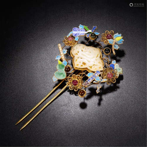 CHINESE GEM STONE INLAID GILT SILVER ENAMEL HAIRPIN