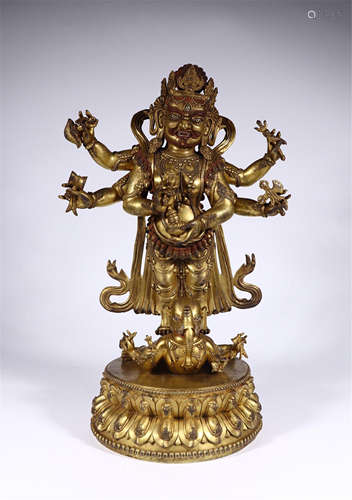 TIBETAN GILT BRONZE STANDING MAHAKALA