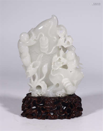 CHINESE WHITE JADE BOY AND FISH TABLE ITEM