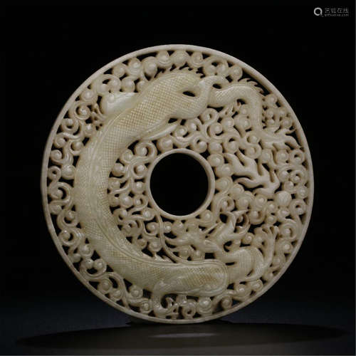 CHINESE WHITE JADE DRAGON ROUND PLAQUE