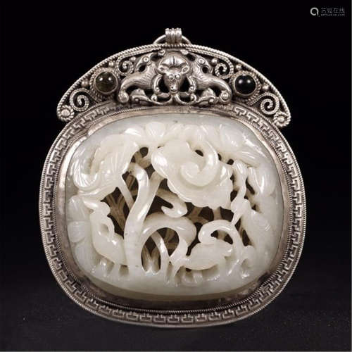 CHINESE SILVER MOUNTED CELADON JADE PLAQUE