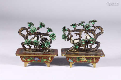 PAIR OF CHINESE GEM SILVER BENSAI IN CLOISONNE BASIN