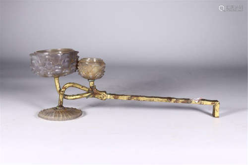 CHINESE GILT BRONZE AGATE LONG HANDLE SPOOIN