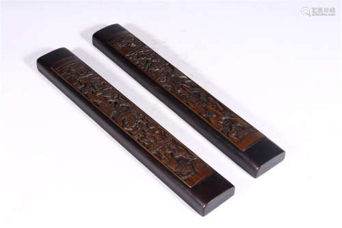 PAIR OF CHINESE BAMBOO INLAID ZITAN PAPER WEIGHT