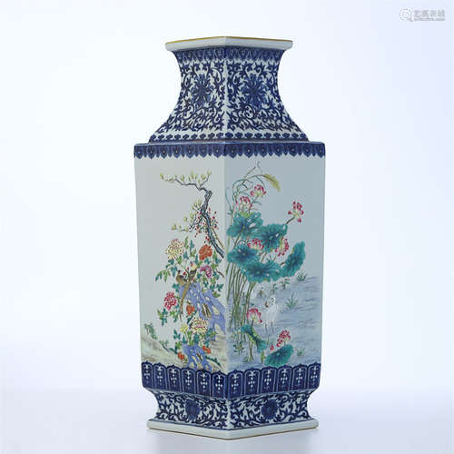 BLUE WHITE FAMILLE ROSE SQUARE VASE