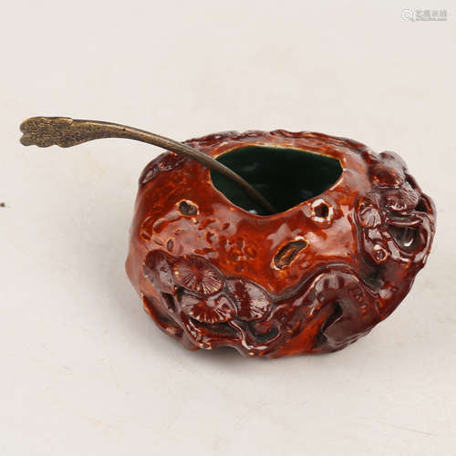 A Chinese Red Glazed Porcelain Water Pot with Bronze Spoon