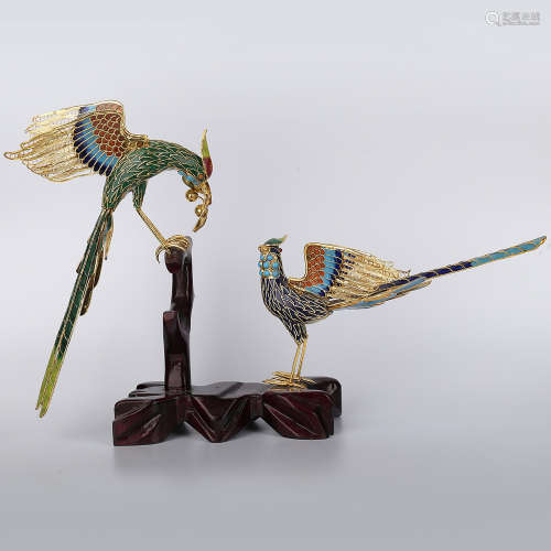 A Pair of Chinese Gilt Bronze Birds Decoration