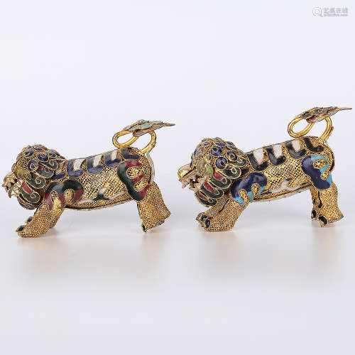 A Pair of Chinese Gilt Bronze Foo-Dog Decorations