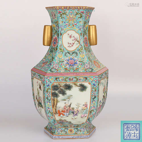 A Chinese Blue Ground Famille-Rose Porcelain Vase