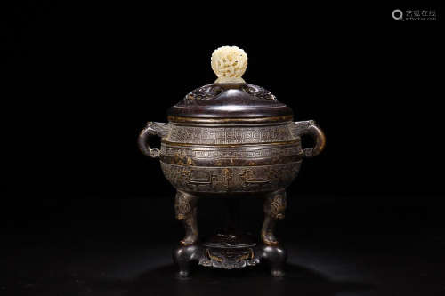 MING STYLE BRONZE CENSER WITH RED WOOD LID