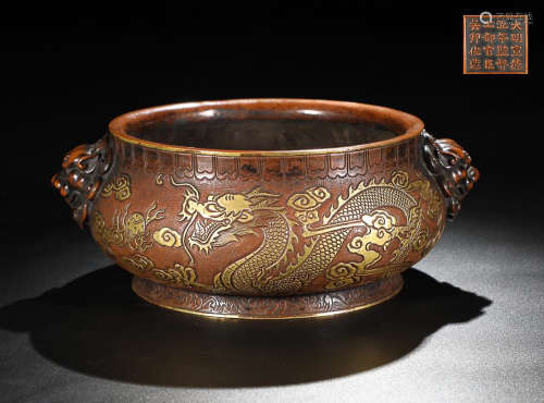 BRONZE CLOUD&DRAGON PATTERN CENSER WITH EARS