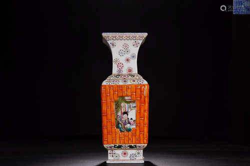 QIANLONG' MARK FAMILLE ROSE CHARACTER STORY SQUARE VASE