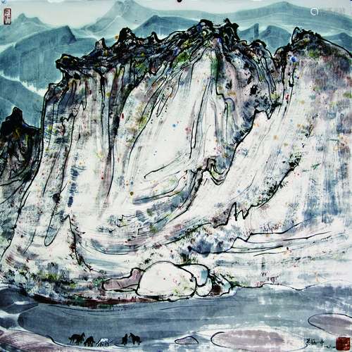 吳冠中　大山馬群《渡河前》