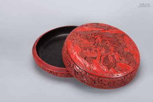 A Chinese Carved Tixi Lacquer Round Box with Cover