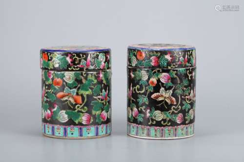 A Pair of Chinese Famille-Rose Porcelain Jars with Covers