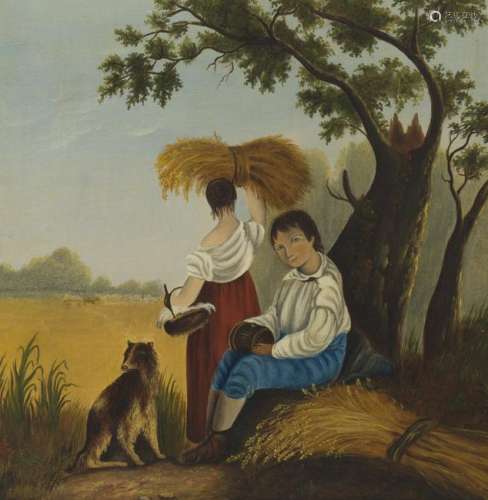 Figures with a dog harvesting wheat