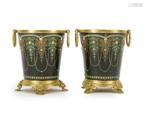 A pair of enameled jardinières