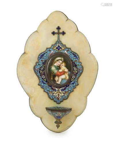 A marble and champleve enamel holy water font