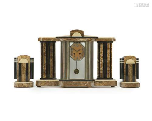 An Art Deco clock and garniture set