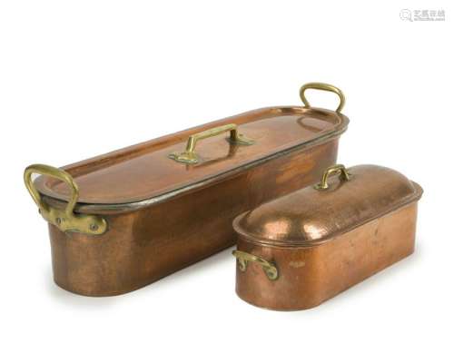 Two French copper lidded fish poachers