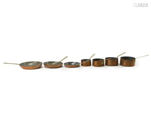 Seven French copper pots