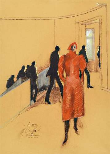 Gizela Hudler, born 1934, woman in red, mixed media on