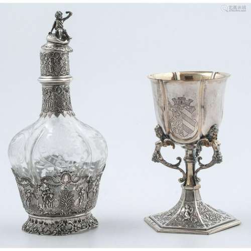Hanau Silver Overlay Decanter and German Silver Goblet