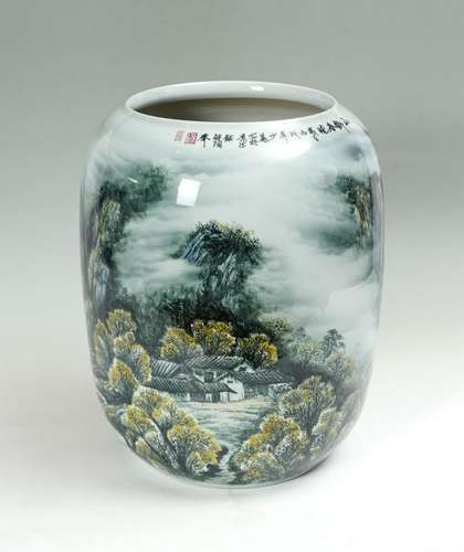 LARGE ORIENTAL PAINTED MOUNTAINOUS LANDSCAPE VASE