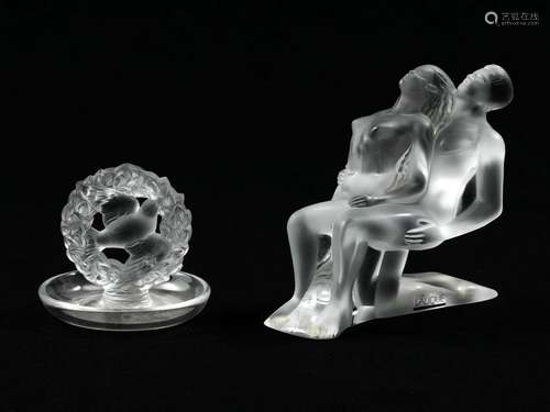 2 PC. LALIQUE FRANCH CRYSTAL LOVERS AND TRINKET TR