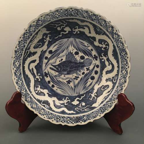 Chinese Blue-White 'Fish & Dragon' Dish